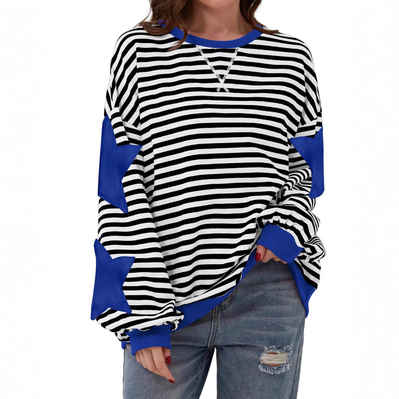 2026 New Spring Simple Cross-Border Casual Style Striped Star Print Round Neck Long Sleeve Pullover Embroidered Color-Block Sweatshirt