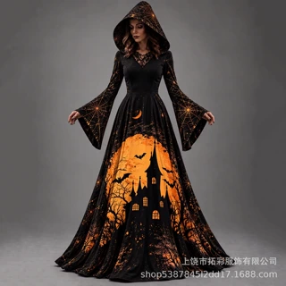 欧美万圣节连帽长裙女3D印花复古维多利亚喇叭袖大摆舞台表演服