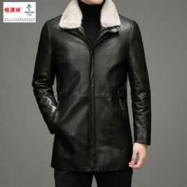 恒源祥真皮皮衣冬季新款中长款中年时尚貂毛领羽绒内胆牛皮外套男