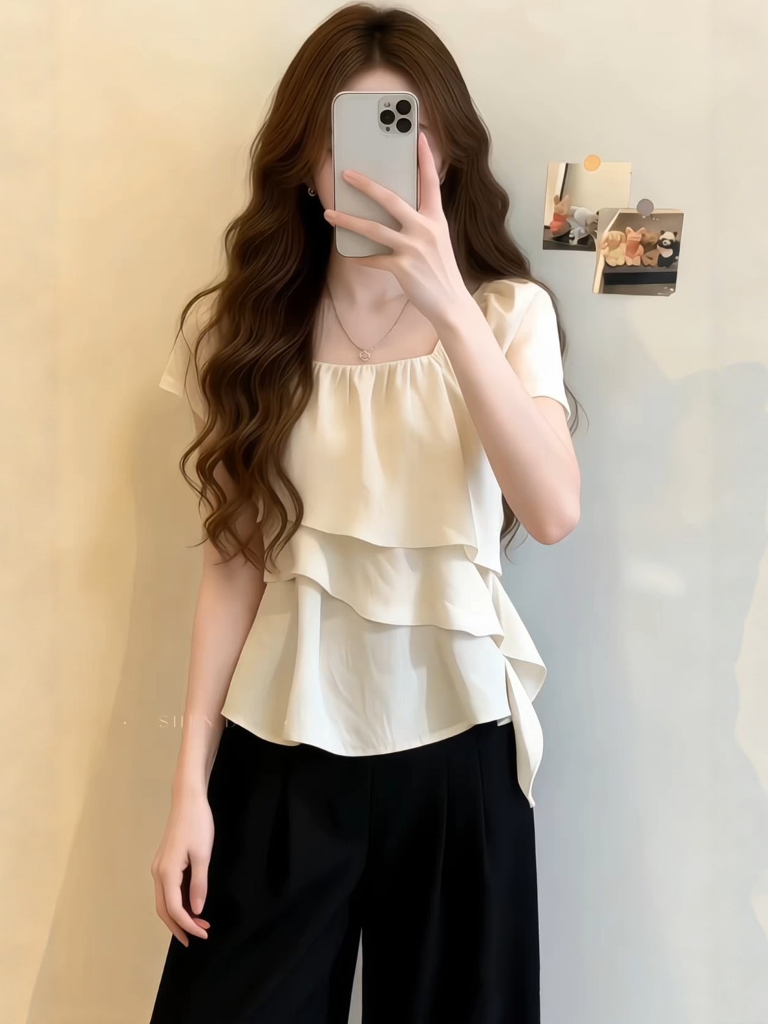 Áo sơ mi nữ cổ vuông tay ngắn, dáng rộng viền lá sen, phối dây rút — màu tím