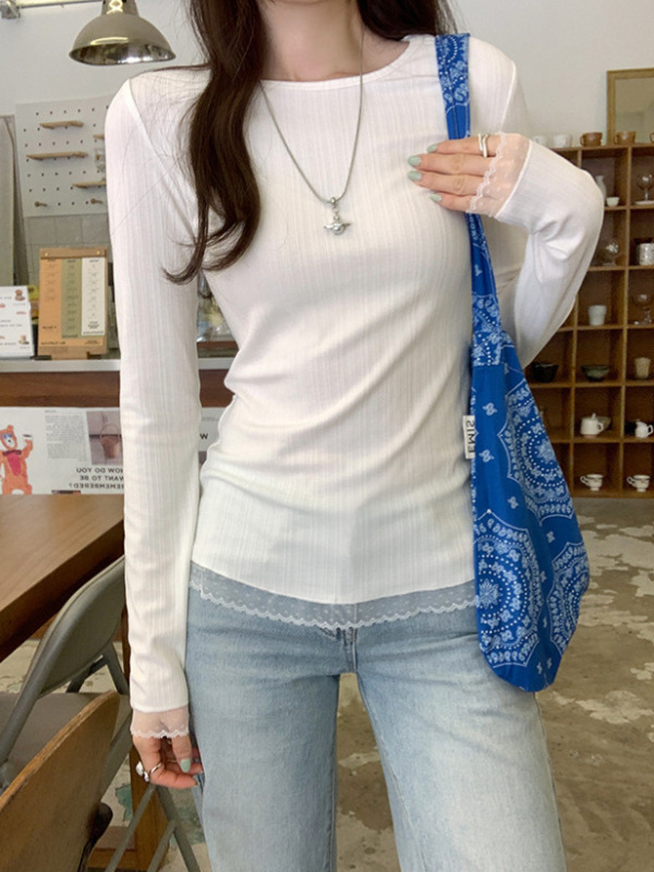 纯欲蕾丝拼接圆领长袖T恤女2025早秋新款修身显瘦打底衫内搭上衣|undefined