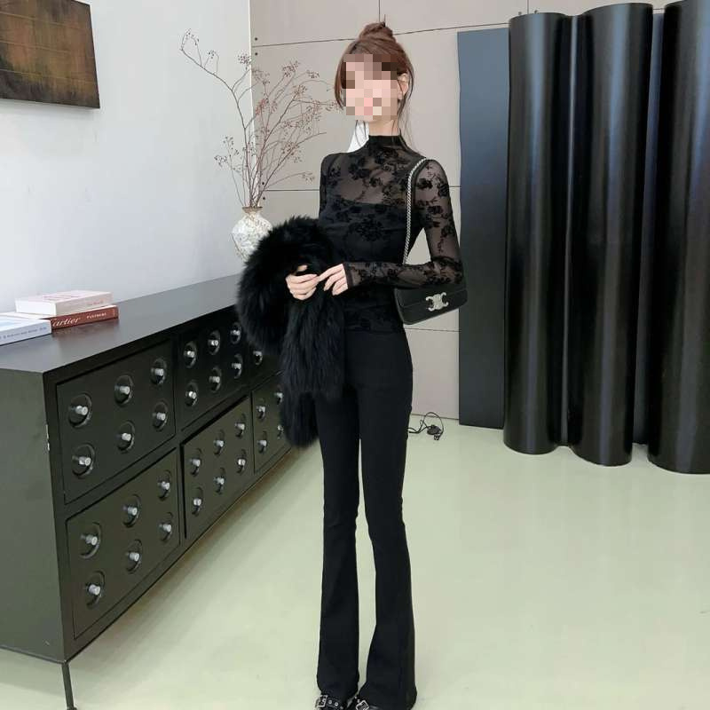 秋冬季加绒加厚植绒半高领长袖蕾丝打底衫女气质修身显瘦外穿上衣