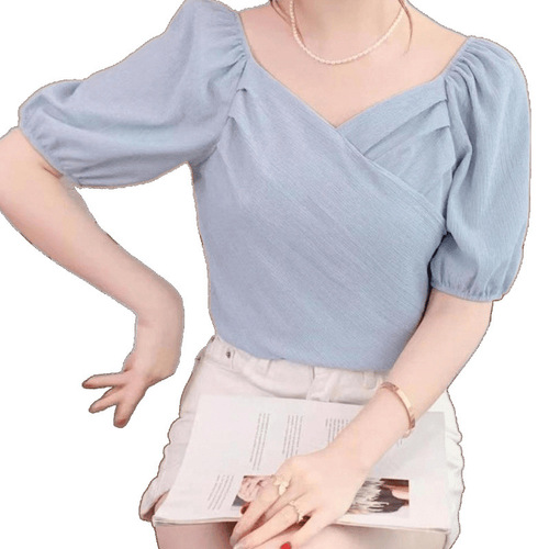 French-style puffed collar short-sleeve women's top 2025 summer design sense niche trendy chiffon blouse for women trendy