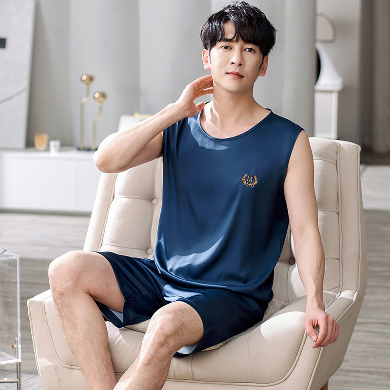 Pajamas men's summer ice silk vest home wear thin plus size loose artificial silk men's loose