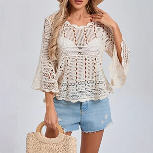 Hollow Crochet Bell Sleeve Pullover Women's Top Short Knitted Beach Cover-Up Loose Long-Sleeved Sun Protection Cover-Up