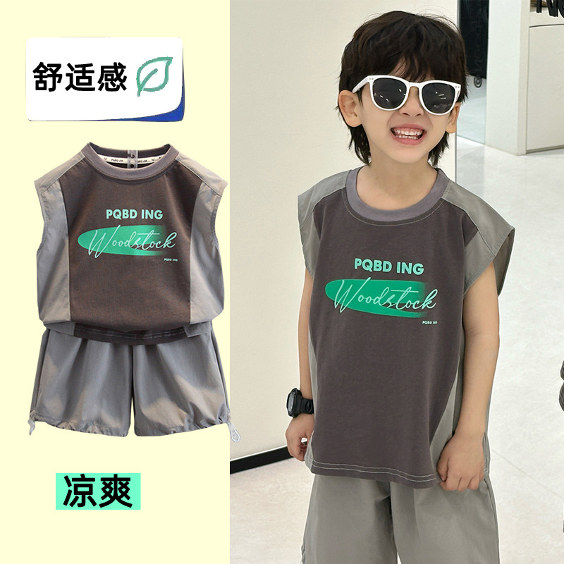 7937 Chaleco sin mangas para niños Ropa para niños Traje de dos piezas casual de verano para niños pequeños y medianos 2025 Nuevos productos Pantalones cortos Color a juego Ropa de moda