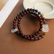 印度小叶紫檀双圈手串搭配九尾狐跑环碧玺色玉髓创意文玩手串
