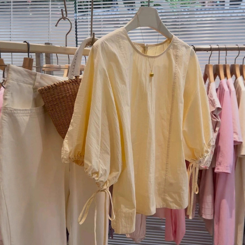Recommended~ Great Product to Share! Retro Goose Yellow Silk Cotton Tie-Up Doll Shirt for Women, Summer Style Puff Sleeve Blouse