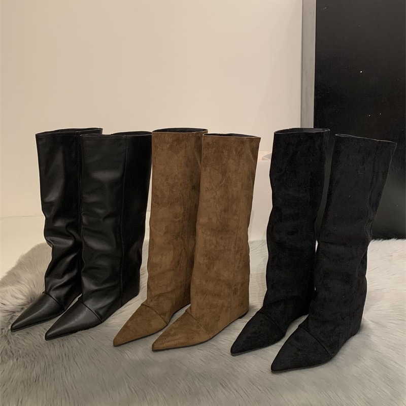 Women's long boots 2025 autumn and winter new style pointed toe internal wedge heel French straight high boots below the knee