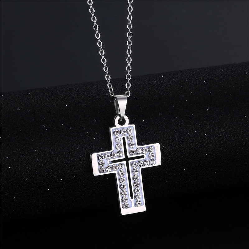 Wholesale Jewelry Simple Cross Inlaid Diamond Stainless Steel Necklace Nihaojewelry display picture 3