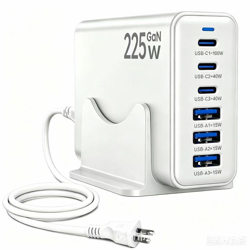 225W GaN multi-port fast charger USB-C/A desktop charging station suitable for mobile phones and laptops
