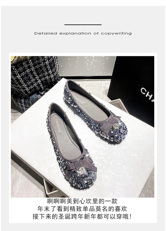 Giày búp bê nữ mũi vuông đế nhỏ đính sequin nơ, kiểu Mary Jane lười gót thấp 1–3 cm — Màu bạc, Màu đen chi tiết 7