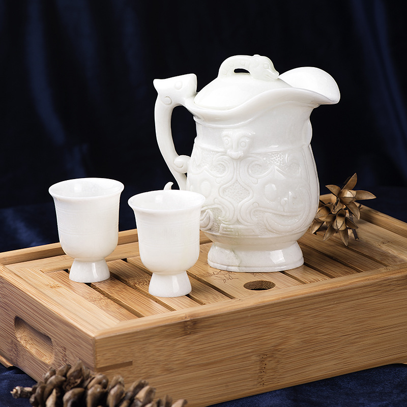 陕西蓝田玉茶壶文玩商务礼品定制天然玉石茶具雕刻企业礼品定做