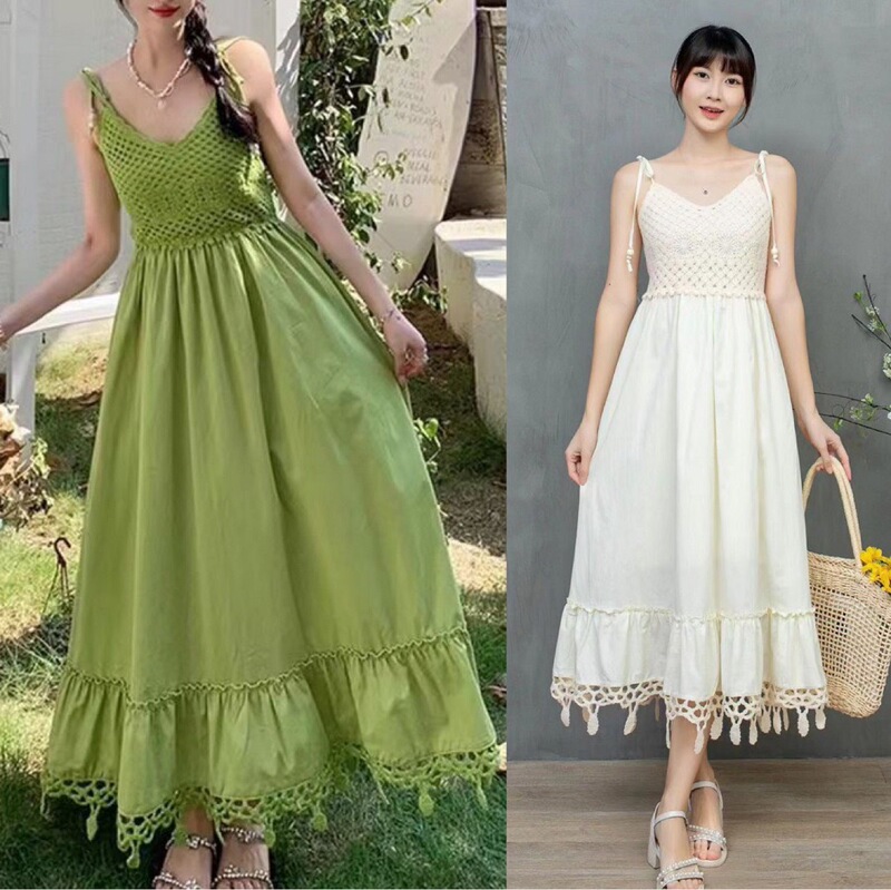 Bohemian Green Hollow Suspender Dress for Women, Spring & Fall Tassel Wear, Seaside Resort Style Long Skirt, Long Style