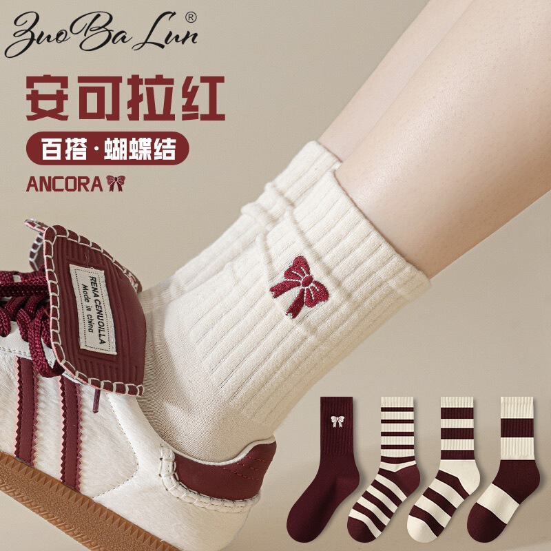 Ankola red socks women's spring and autumn ins sweat-absorbent retro pile socks striped stockings bow socks wholesale