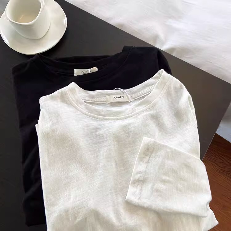 Easiest for Match Pure Color Casual Bamboo Cotton Round Neck Long-Sleeved T-Shirt for Women Loose Slimming Look Inner Layering Shirt Top Spring and Autum