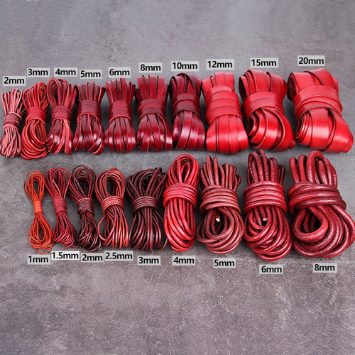 3mm 4MM 5mm Vintage distressed red brown round cowhide cord flat leather cord DIY material bracelet necklace decoration cord