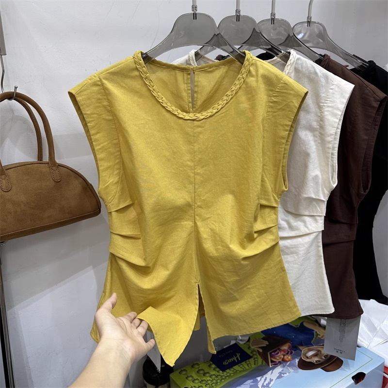 フレンチシャツトップス女性の夏の新しい大きいサイズファットmmウエストプリーツシャツコットンリネンリネンシフォンシャツノースリーブ|undefined
