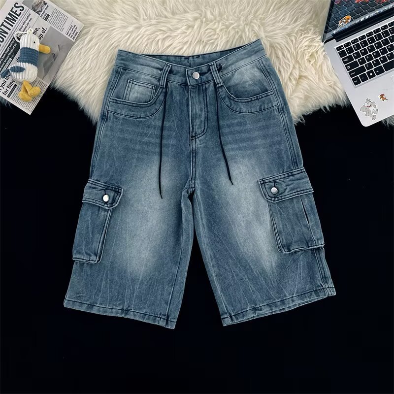 Summer Men's Plus Size Capri Jeans Loose Wide Leg Hip Hop Cargo Shorts Multi Pocket Chubby Pants_mkmklike.com