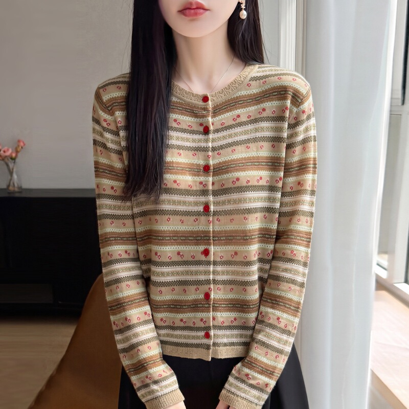 Vintage Fine Knit Wool Round Neck Cardigan Long Sleeve Women's Jacquard Color-Block Top Coat 2026 Fall/Winter New Arrival