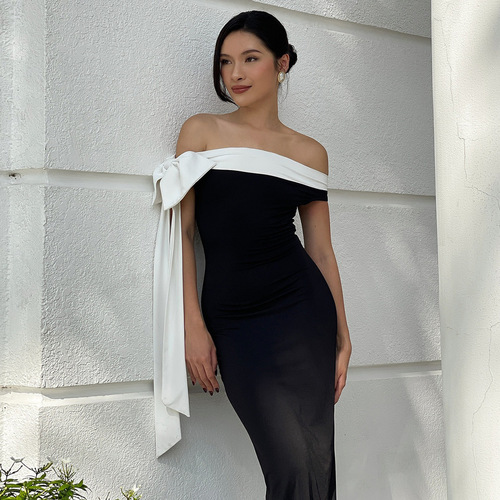 Cross-border wholesale European and American women's fashion 2025 spring/summer new elegant off-shoulder ribbon sleeveless slim-fit hip-hugging dress