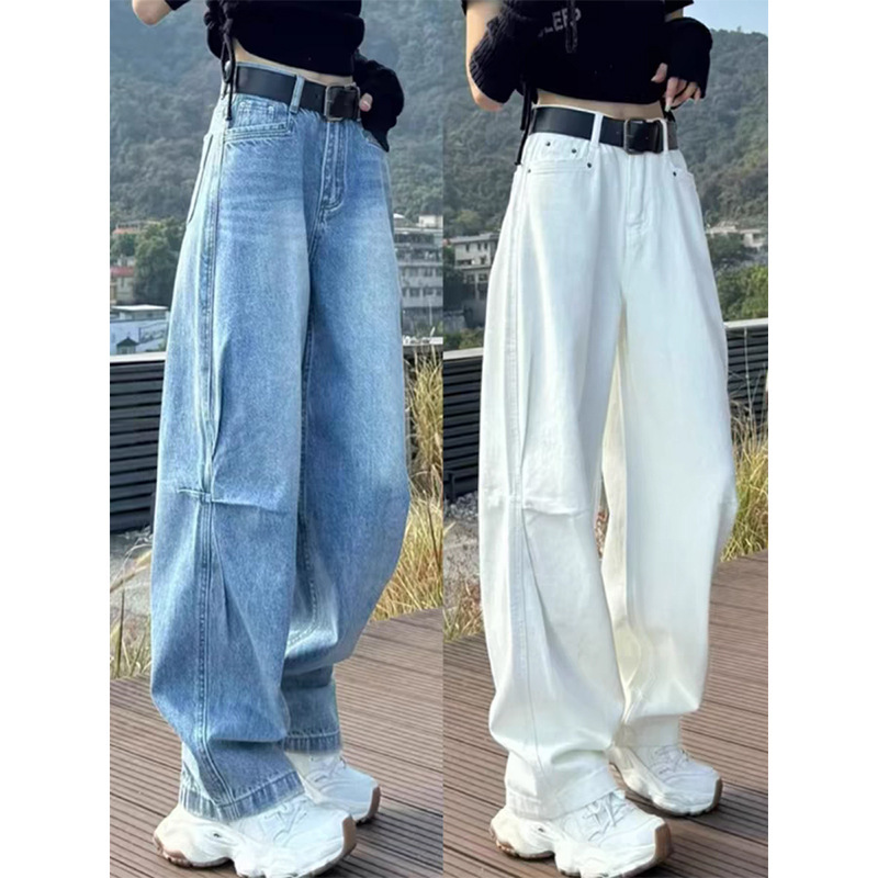 light blue Scythe Design Jeans Women's 2025 New Loose plus size Slimming Scimitar Pleated Wide-leg Long Pants
