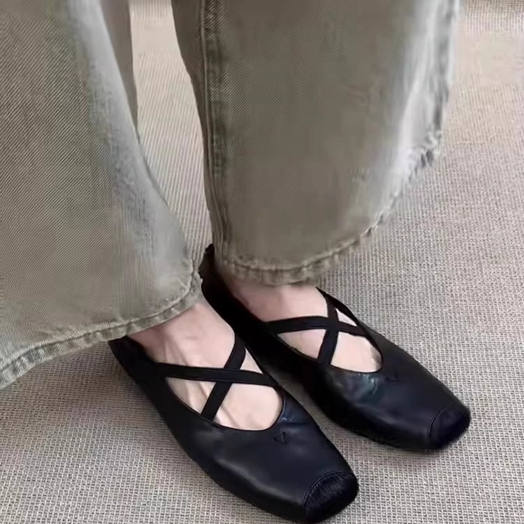 양가죽 버전~ 부드러운 표면의 스퀘어토 발레 크로스 스트랩 여성 플랫 슈즈, 프렌치 레트로 메리제인 여성화
