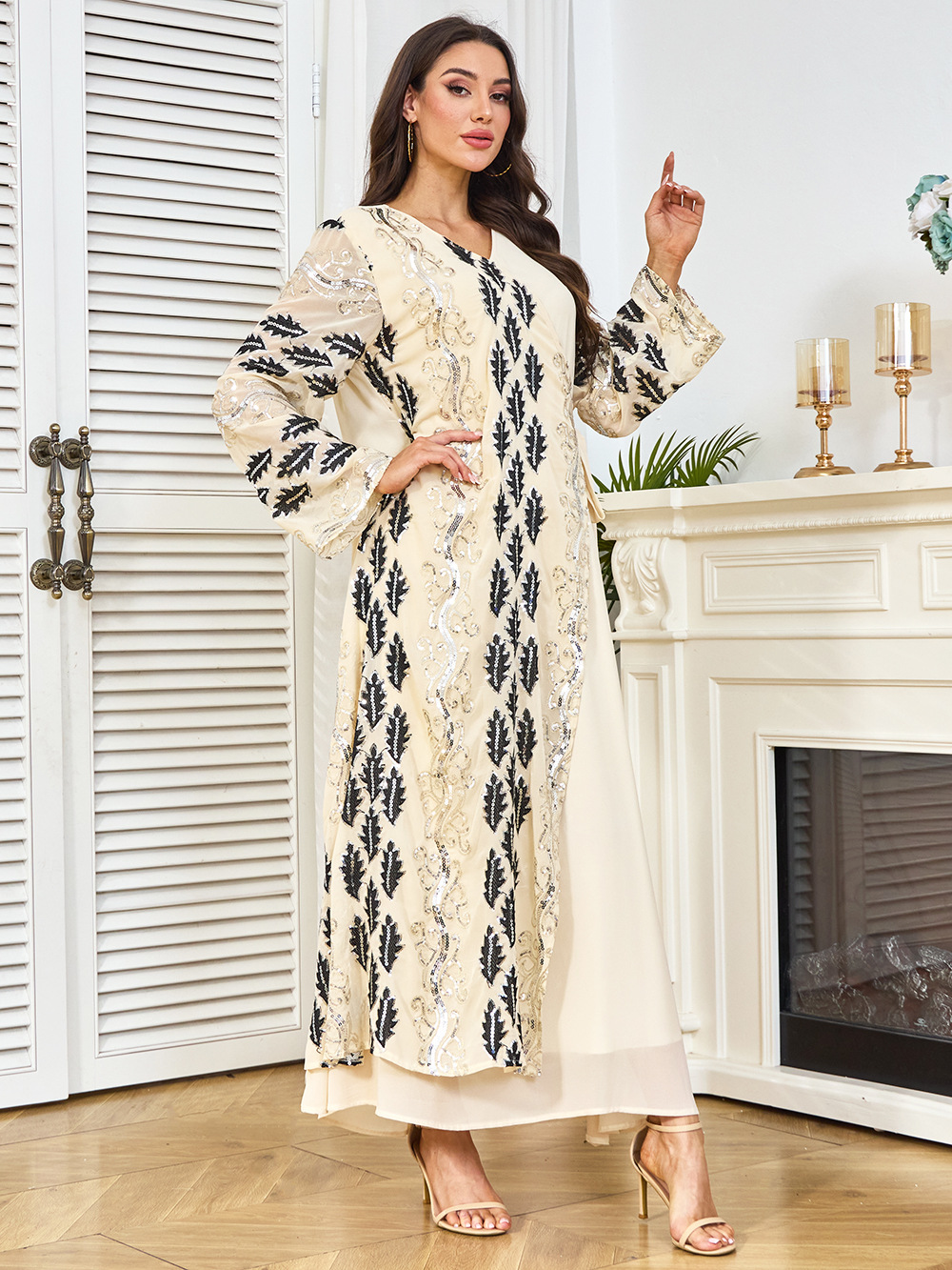 New Cross-border Dubai Abaya Clothing, Abaya, Middle Eastern Dress, Long-sleeved Sequined Arabic Gown_ecoleips.com