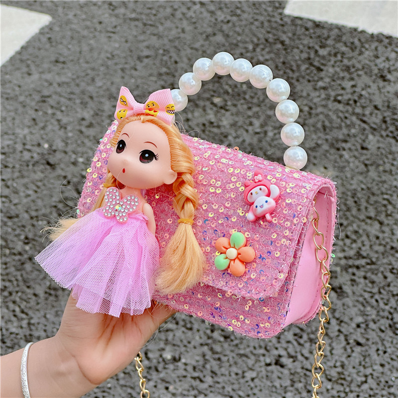 Nuevos niños estilo Chanel estilo bolsa moda perla bolso de hombro de dibujos animados muñeca bolsa de mensajero cadena