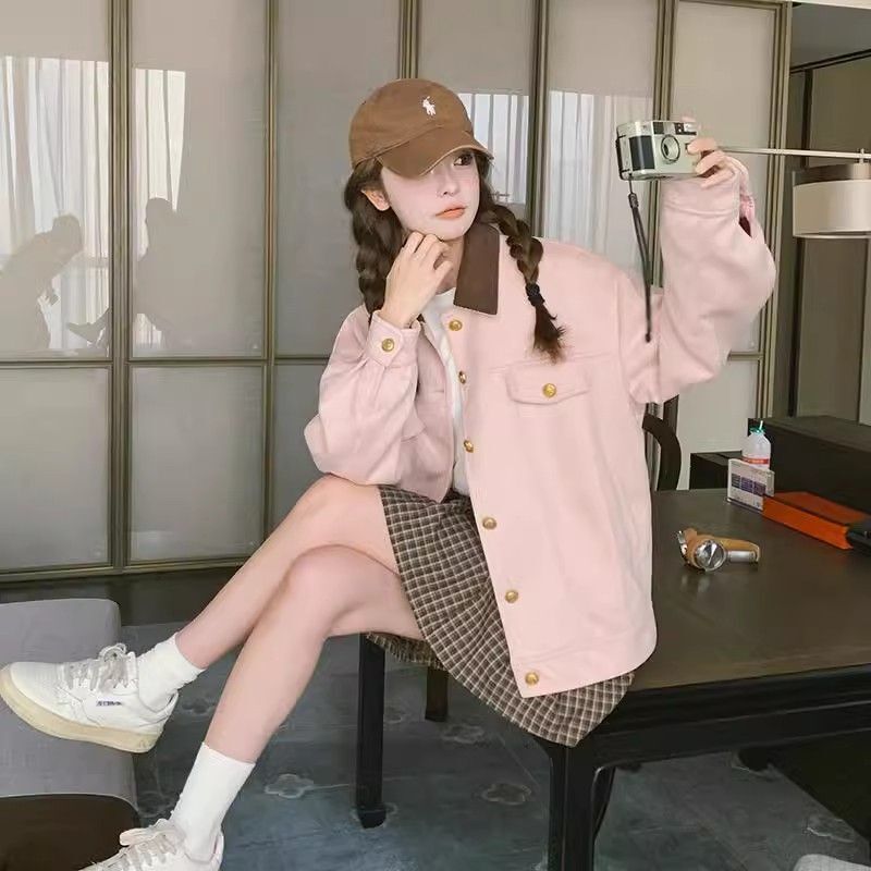 Pink Suede Crock Coat Women's Spring and Autumn 2025 New Sweet Petite College Style Casual Jacket Top