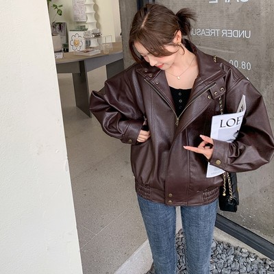 Real shot 2023 Early spring new pattern superior quality Retro Jacket oversize Curry color Easy leather clothing Short coat