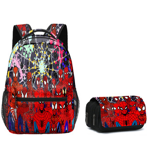 Cross-Border European and American New Spider-Man Cartoon Double-Layer Backpack Primary and Secondary School Student School Bag Double-Layer Pencil Case Two-Piece Set in Stock