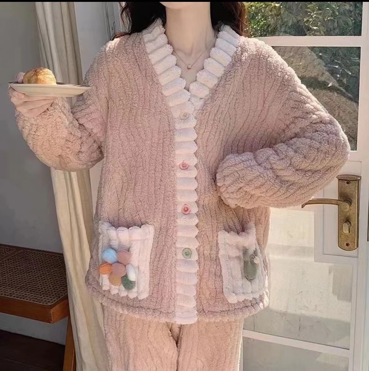 GraceChic Cardigan-Nachthemd-Set aus Flanell mit Regenbogenmuster, dick gefüttert, warm, im Feenstil, neu, mit kleinen Blumen, Winter-Homewear_voghion.com
