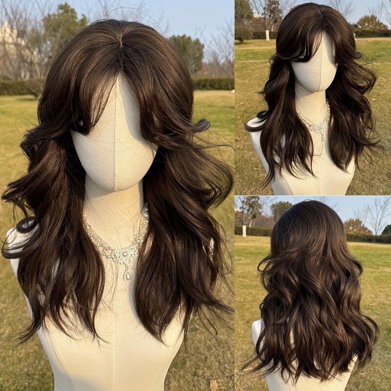 Cross-border dark brown long curly wavy wig with bangs – heat-resistant synthetic fiber, 150% density, suitable for beginners Cross-border dark brown long curly wavy wig with bangs – heat-resistant synthetic fiber, 150% density, suitable for beginners