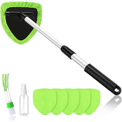 Wiper Cleaning Brush Defogging Window Car cleaning tools - 1-pentagonal-telescopic-pole-6-green-cloth-covers-1-spray-bottle-1-detail-brush