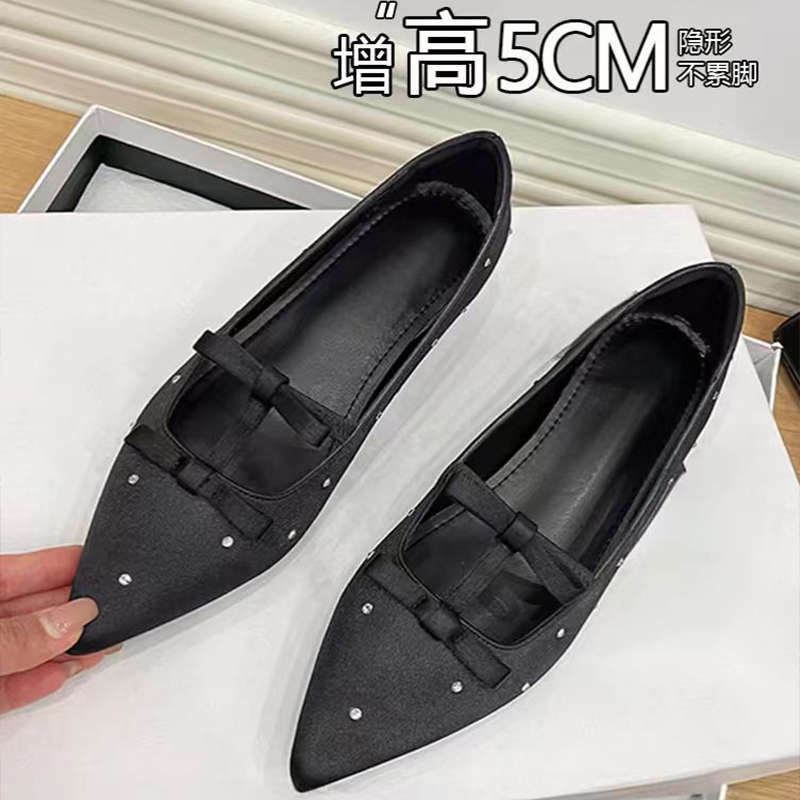 Pointed Satin Bow Ballet Shoes Mary Jane Shoes 2025 Spring New Arrival French Style Small Inner Height Layers for Women