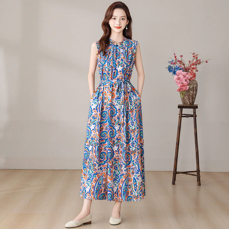 Французское элитное платье без рукавов для женщин, лето 2025, новый стиль, шикарное, больших размеров, свободное, стройнящее, хлопковое шелковое платье-жилет, длинная юбка