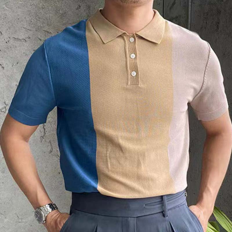 2024 New Men's Summer Contrast Spliced Men's Knitwear Short Sleeved Business Polo Shirt_voghion.com