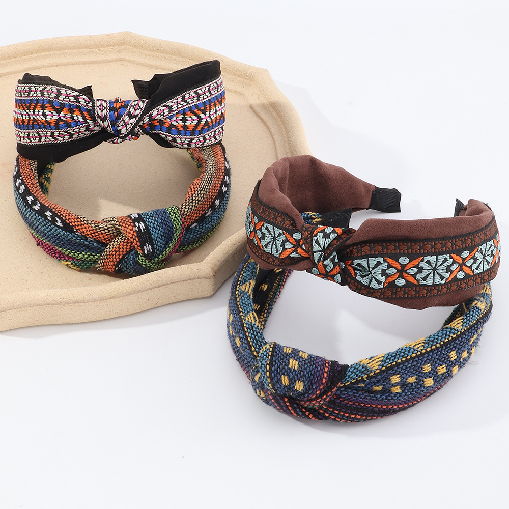 Hair Accessories Knotted Fabric Ethnic Broad-brim Retro Plaid Hairpin Headband display picture 3