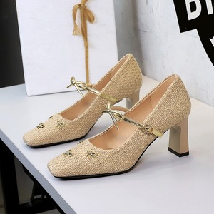 8293-11 French style fashionable woven fabric women's shoes square toe shallow mouth bow buckle strap thick single 