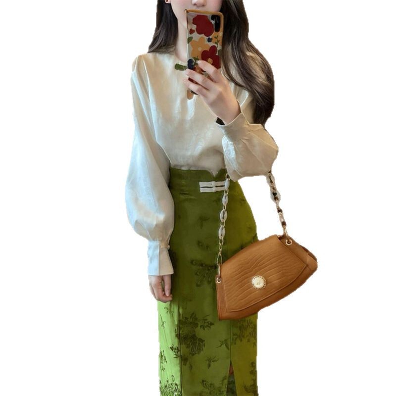 新中式气质国风两件套女装2025春秋新款时尚衬衫提花半裙禅意套装|undefined