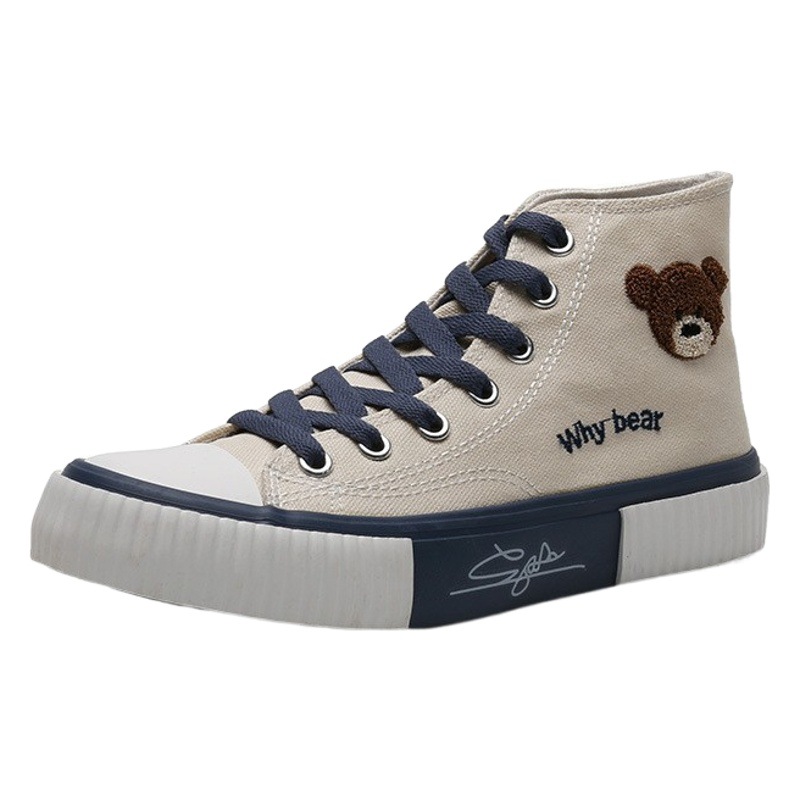 Zapatillas de lona de caña alta estilo coreano con diseño de oso para estudiantes, calzado vulcanizado casual, zapatillas individuales, zapatillas blancas para mujer G61