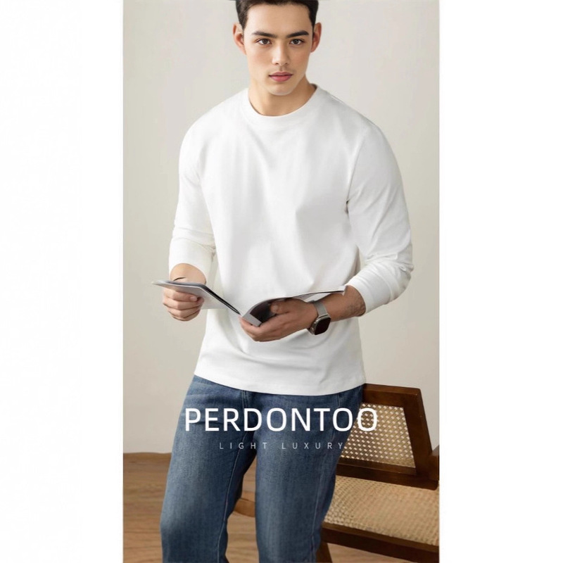 100-Count 270g Heavyweight Pure Cotton Long-Sleeve T-Shirt for Men, Crew Neck Base Layer, New Autumn Style, Loose and Thick Sweatshirt