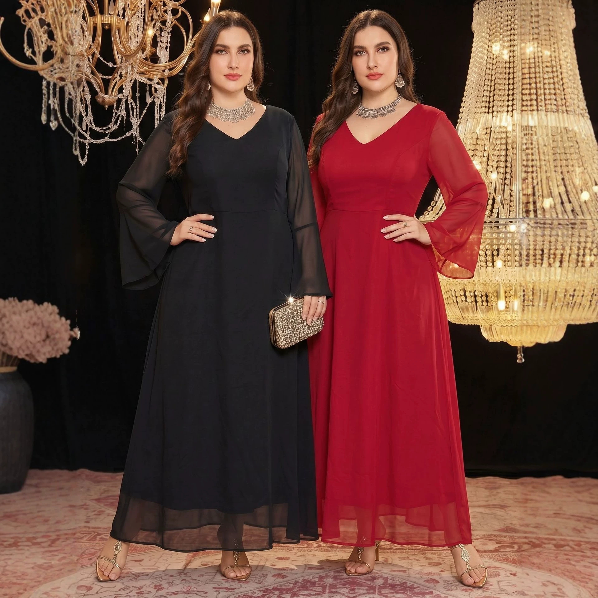 D1018 European and American Plus-Size Women's Fashion Elegant V-Neck Chiffon Dress Gown Cross-Border Amazon Bridesmaid Dress