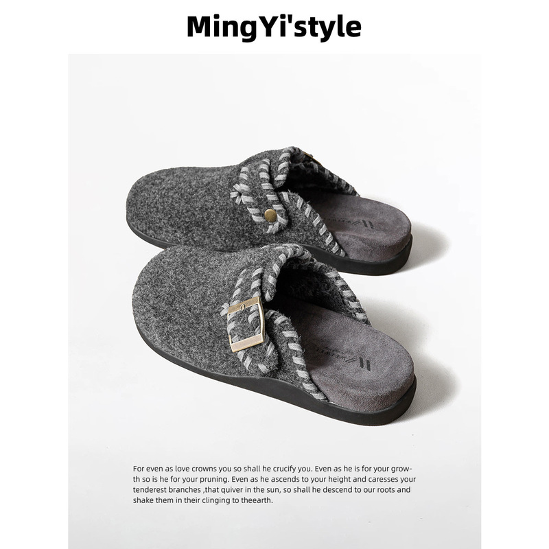 Retro Woolen Toe-Cap Half Slippers for Women's Outer Wear 2025 Autumn and Winter New Style Thick-Soled Plus Plush Felt Birkenstock Shoes