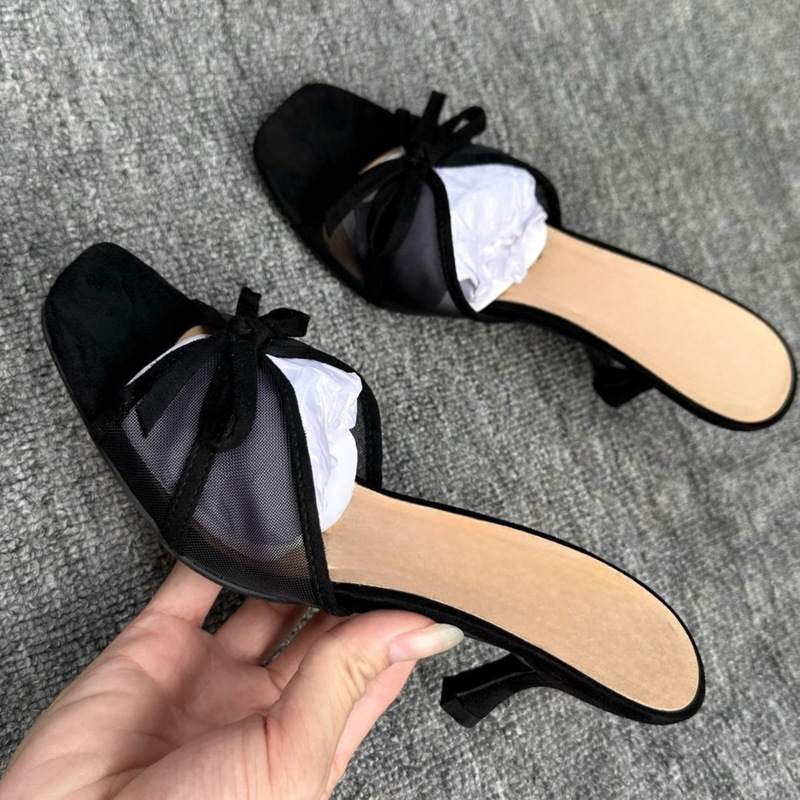 2025 New Women's Shoes Black Bow High Heels Women's Summer Open-Toe Sandals Stiletto Outer Wear Half Slippers 2025 New Women's Shoes Black Bow High Heels Women's Summer Open-Toe Sandals Stiletto Outer Wear Half Slippers