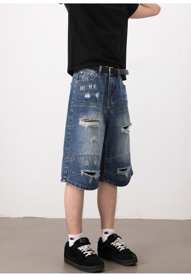 Quần short jean nam dáng rộng phong cách retro, rách giặt mài, lửng ống đứng — Màu xanh dương chi tiết 14