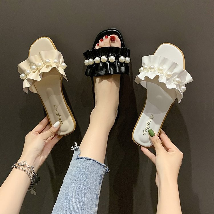 Internet Celebrity Lace Pearl Slippers Women's Outer Wear Flat Fashionable All-Match Instagram Style New Style in 2022 Summer