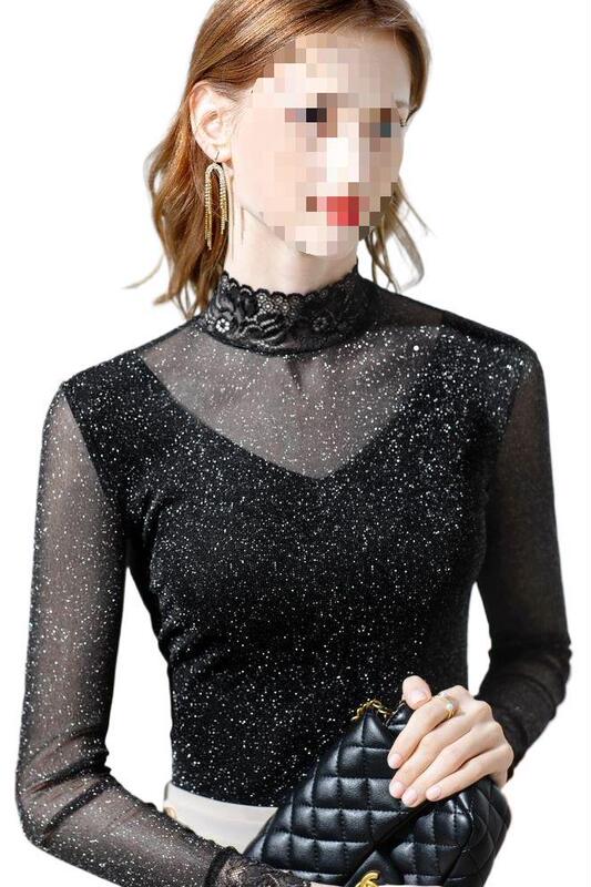 亮丝长袖打底衫女装春秋新款时尚蕾丝拼接内搭设计感修身上衣黑色|undefined