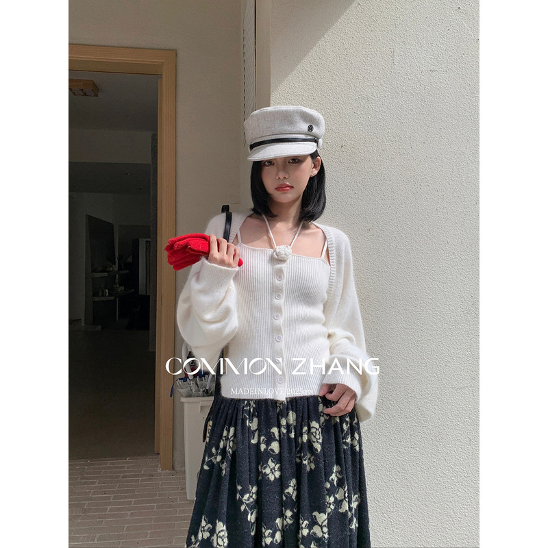 Cz Zhang Autumn Bear Velvet Sheep Wool Knitted Suspender Waistcoat Two-Piece Set Women's Christmas Dress Sweater B35908